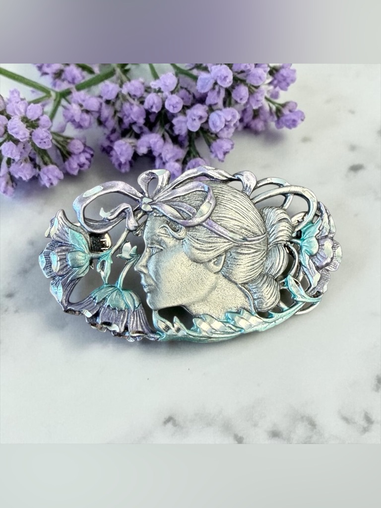 Jonette Jewelryvintage Pewter Art Nouveau Floral Woman Brooch/Nwot